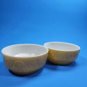 Vtg Mid Century Milk Glass Bowls Set 2 Textured Scroll Dot Mustard Gold 5"